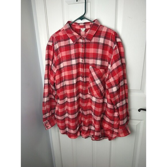 Aerie Woman XL  Oversized Red Flannel Plaid Button Down Shirt  LS Outdoor Casual - Picture 1 of 10